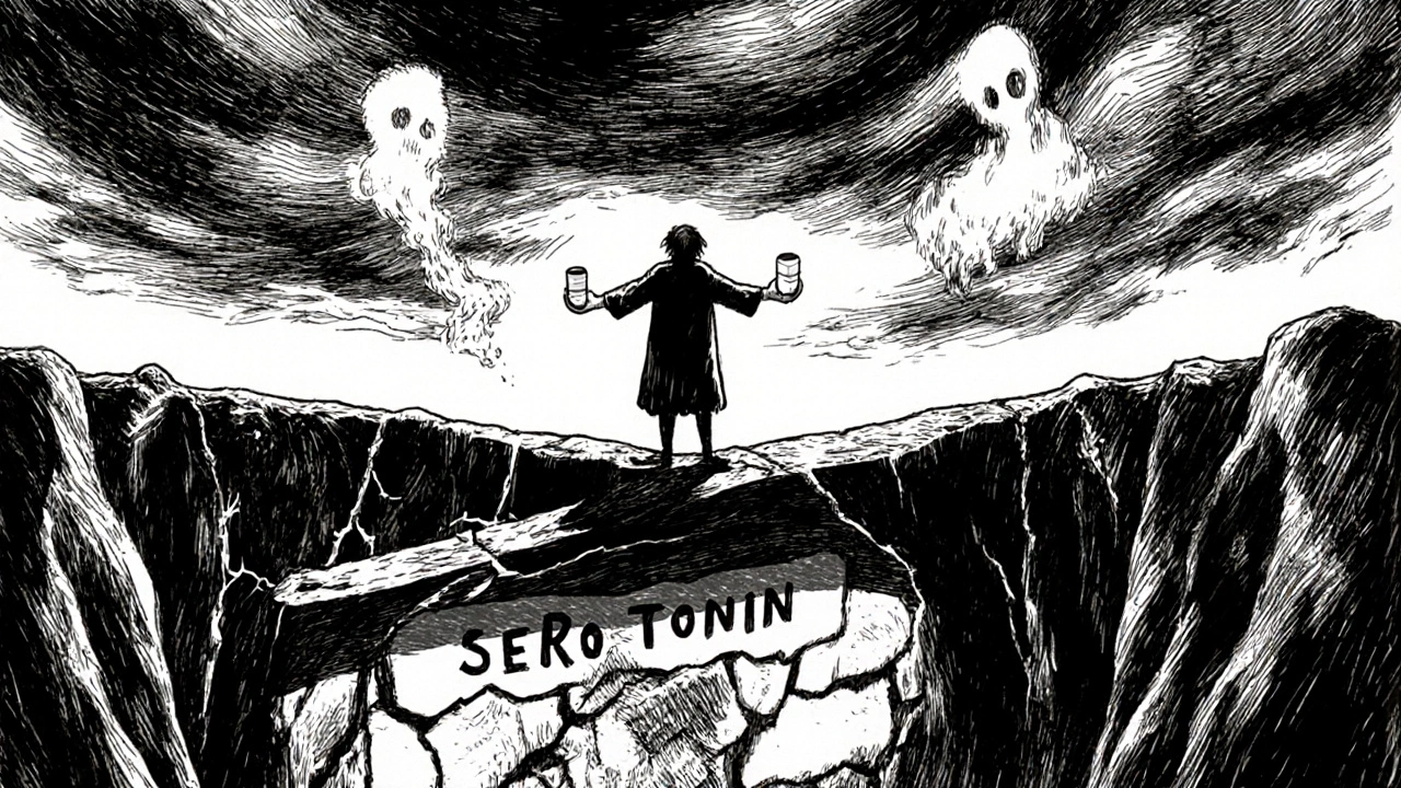 A figure walks a thin bridge over a void, balancing two pills while ominous clouds swirl.