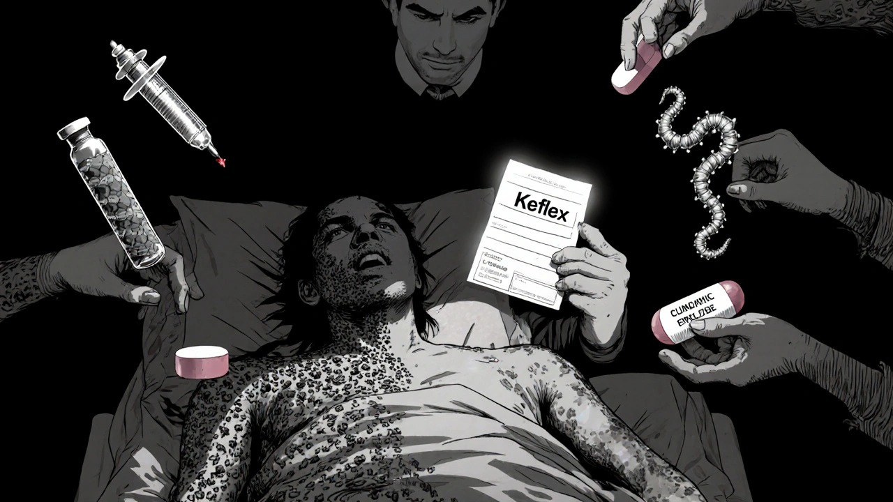 A patient half-transformed into bacteria as shadowy hands offer dangerous antibiotic alternatives.