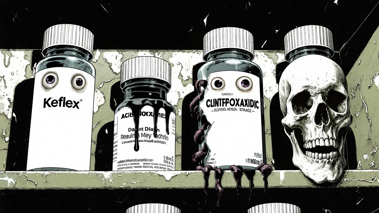 A pharmacy shelf with antibiotic bottles transformed into screaming faces under flickering hospital lights.