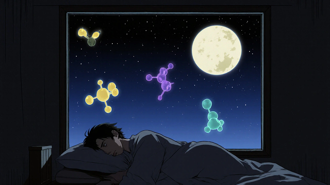 A sleeper under moonlight with glowing outlines of different sleep aids floating nearby.