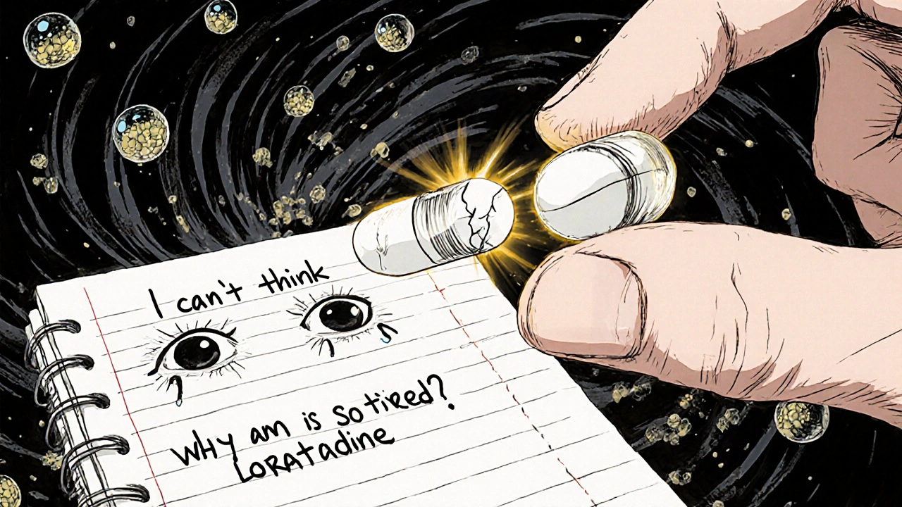 A trembling hand holds two pills—one dark and pulsing, one glowing—as scribbled despair transforms into screaming faces.