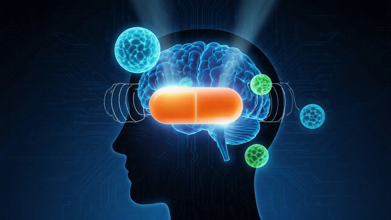 Abstract art of a pill linking to dopamine and norepinephrine icons around a brain silhouette.