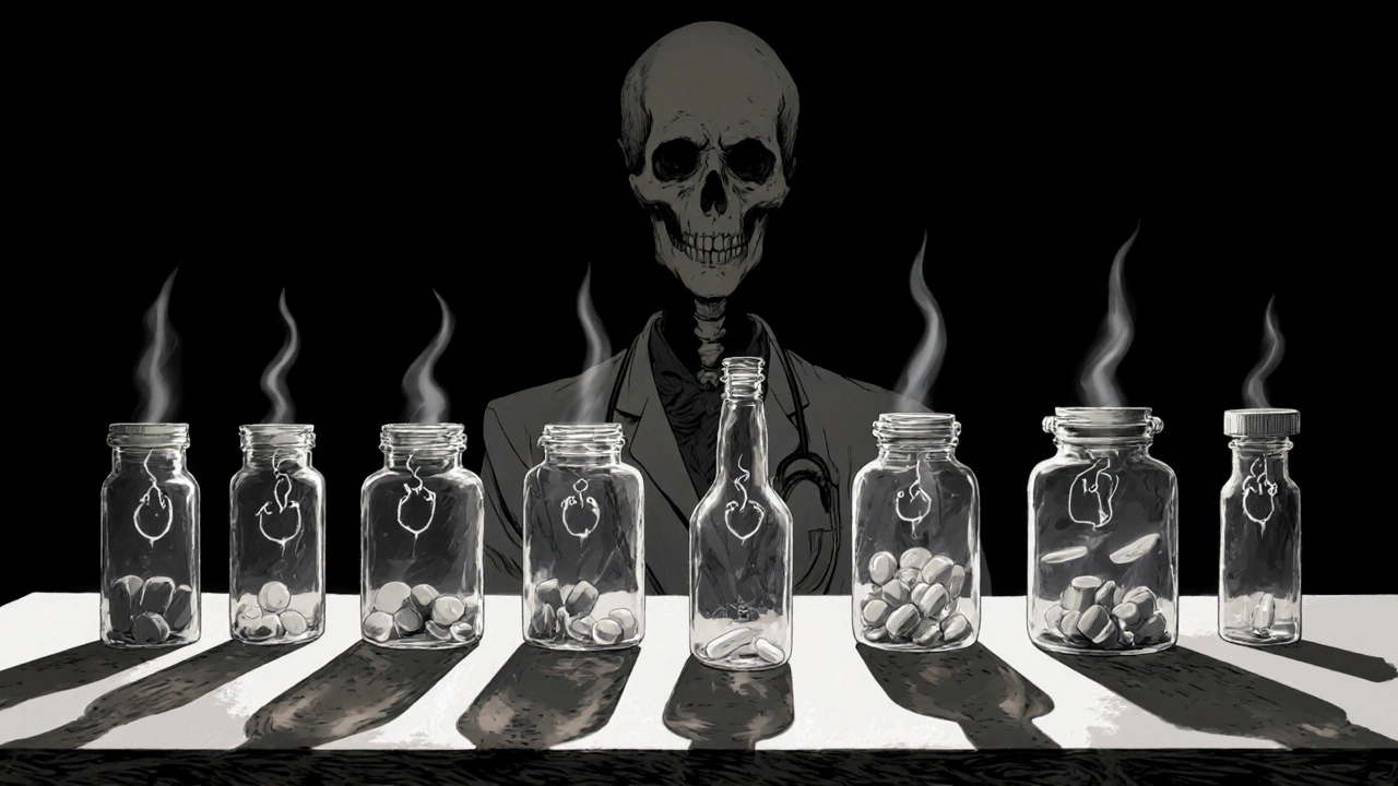 An array of eerie pill bottles representing different antidepressants on a dim lab table.