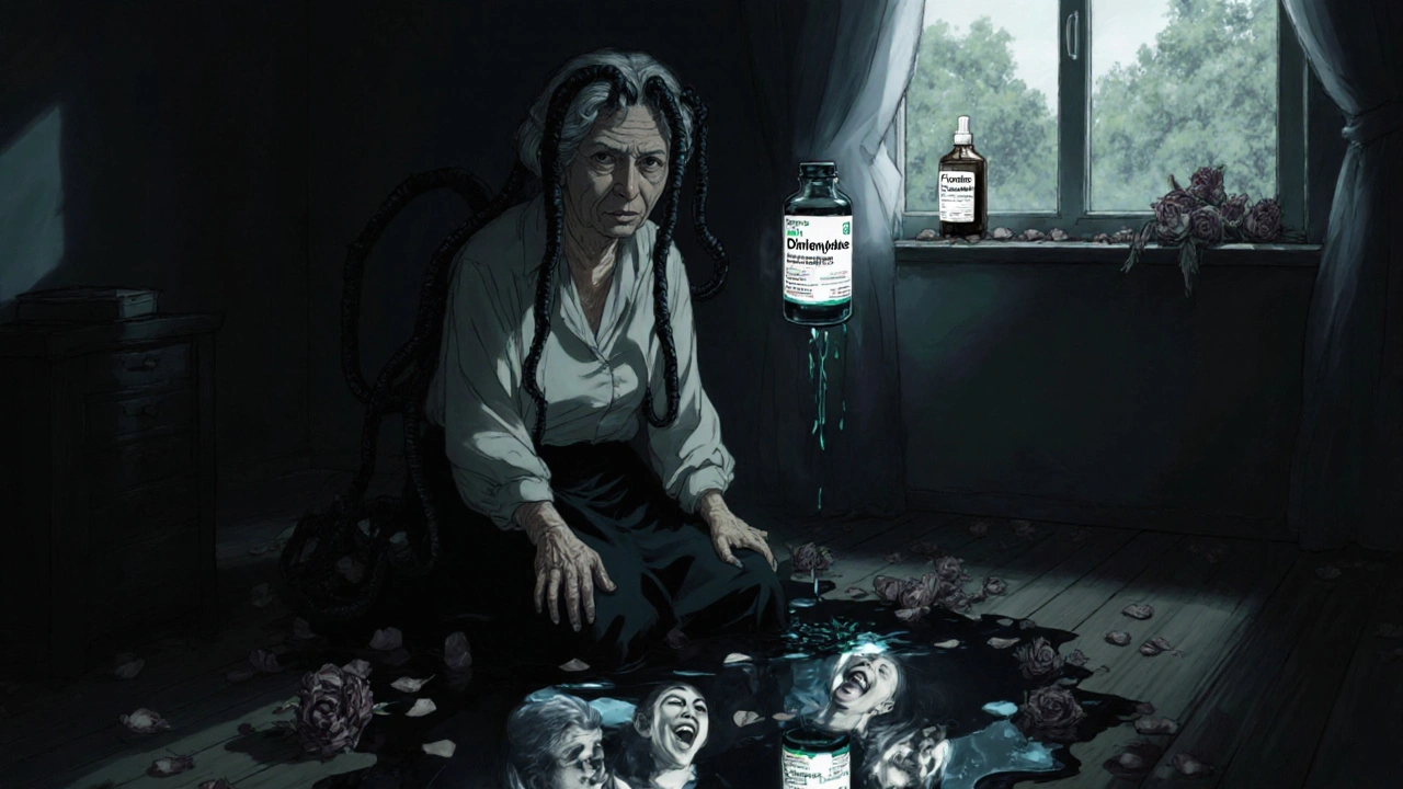 An elderly woman with shadowy tendrils emerging from her head, surrounded by a glowing nasal spray and fading flower petals.