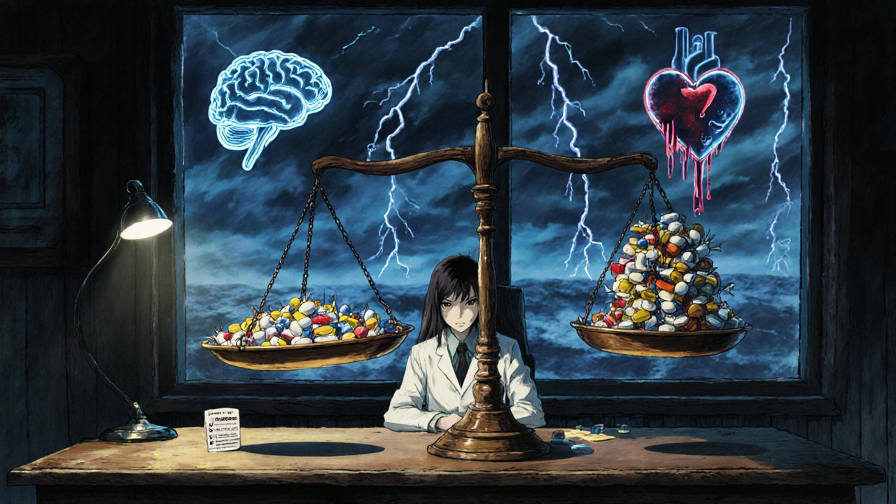 Clinician weighing pill options on a balance in a dark Junji Ito‑inspired scene.