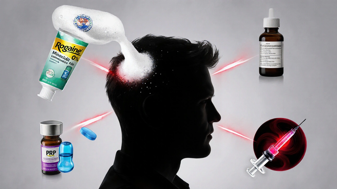 Collage of foam, liquid, tablet, laser cap, PRP, and transplant around a scalp silhouette.