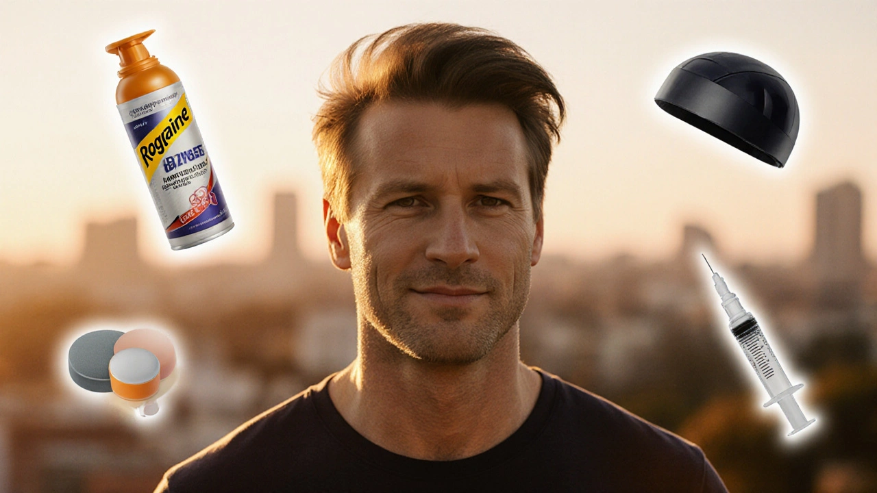 Confident man with full hair outdoors, subtle treatment icons surrounding him.