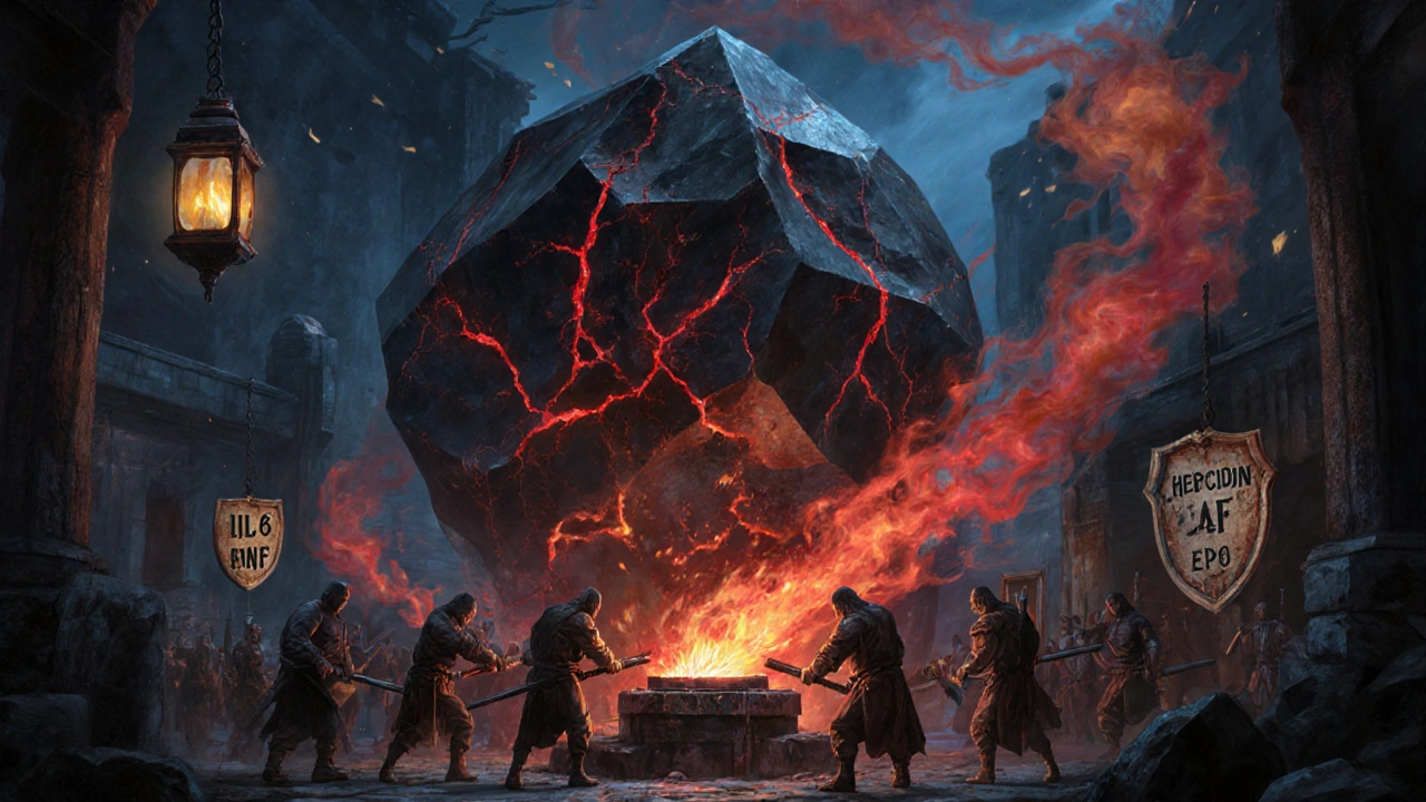 Dark crystal tumor steals iron from a forge, with cytokine storms dimming the flames.