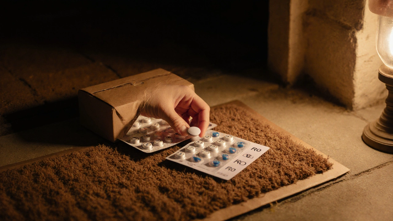 Discreet parcel on a doorstep with open blister pack showing R10 tablets.