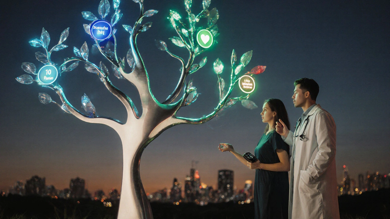 Doctor and patient beside an abstract decision tree highlighting treatment pathways.