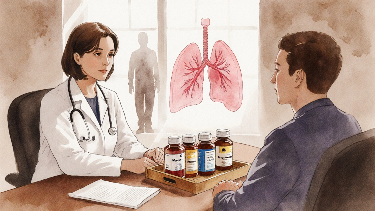 Doctor and patient reviewing assorted beta‑blocker pill bottles with heart and lung silhouettes.