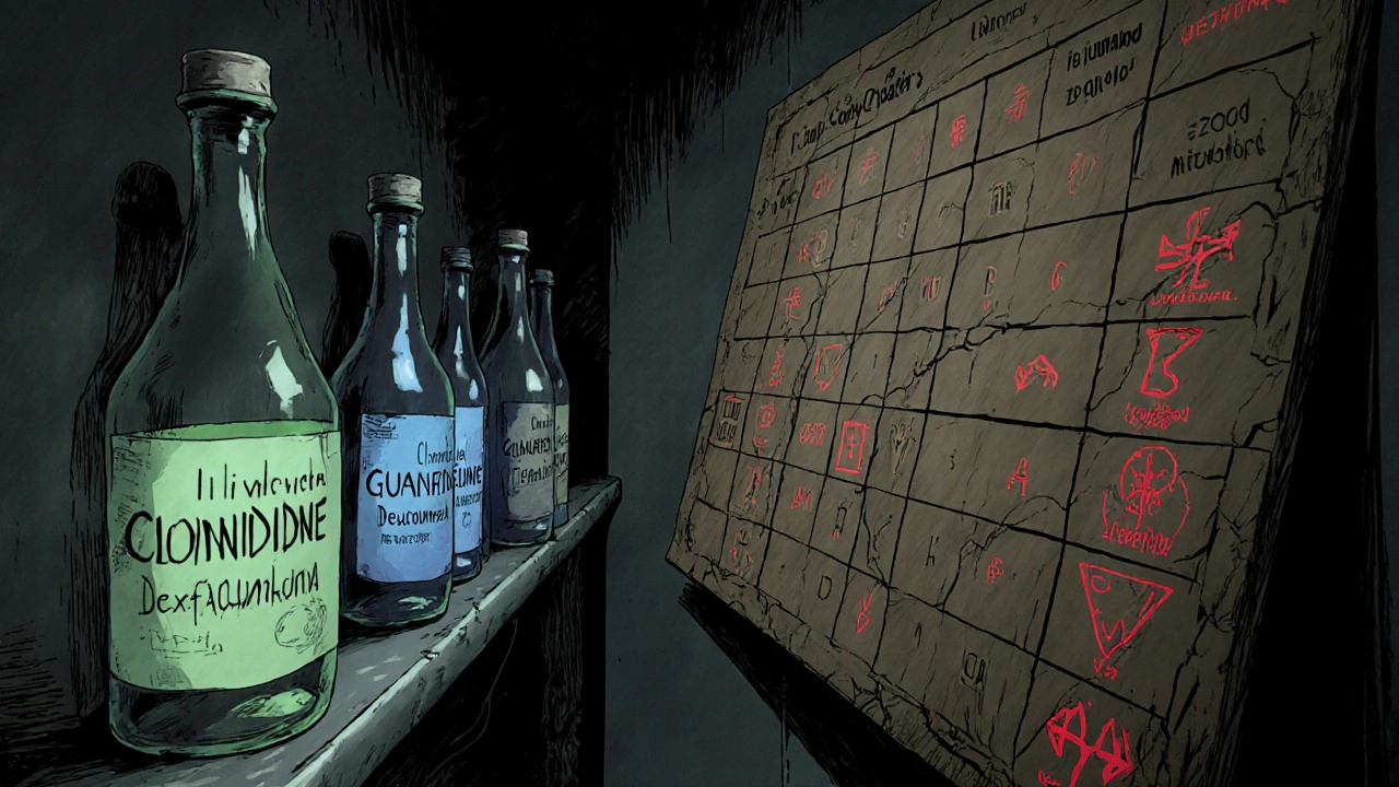 Eerie hallway with labeled drug bottles for Clonidine and its alternatives in Junji Ito style.