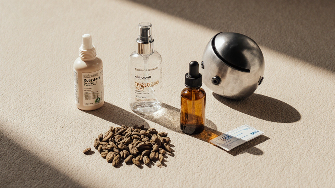 Flat lay of pills, spray bottle, berries, oil, laser helmet, and capsule representing treatments.
