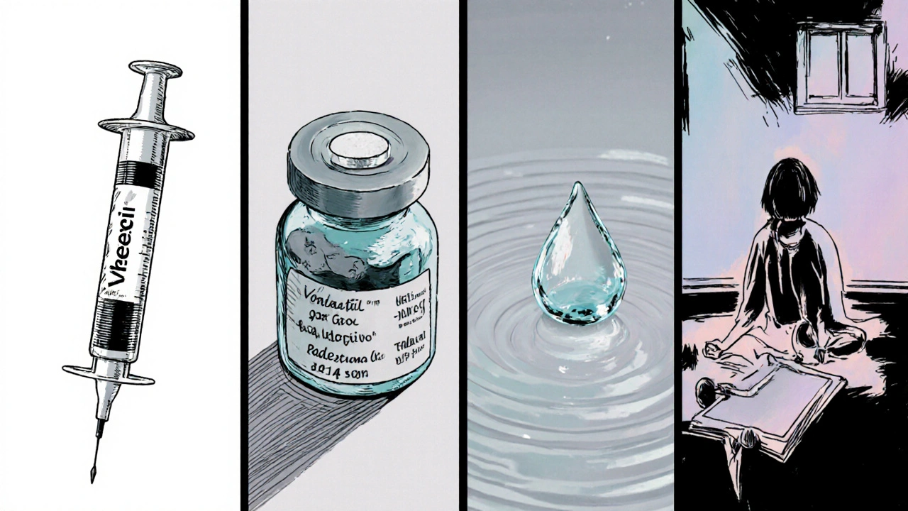 Four manga‑style panels showing an injection, a tablet, a testosterone gel, and a woman practicing yoga.