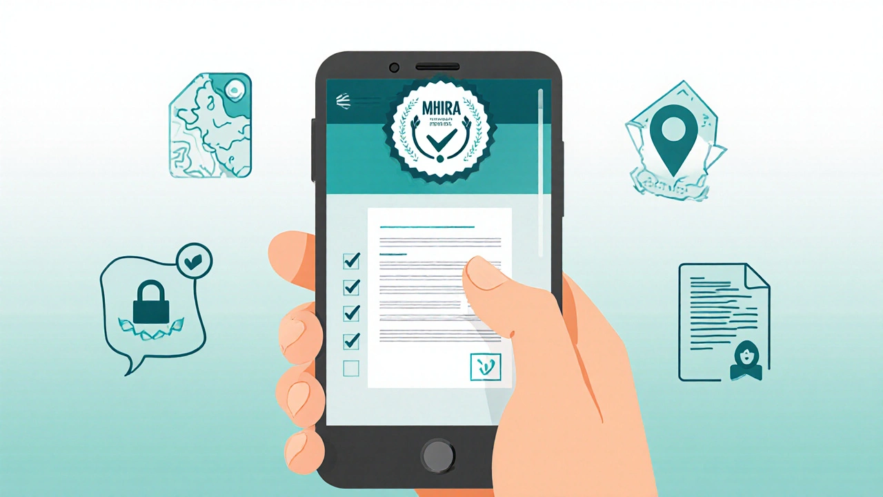 Hand uploading a prescription on a phone with MHRA badge and checklist icons.