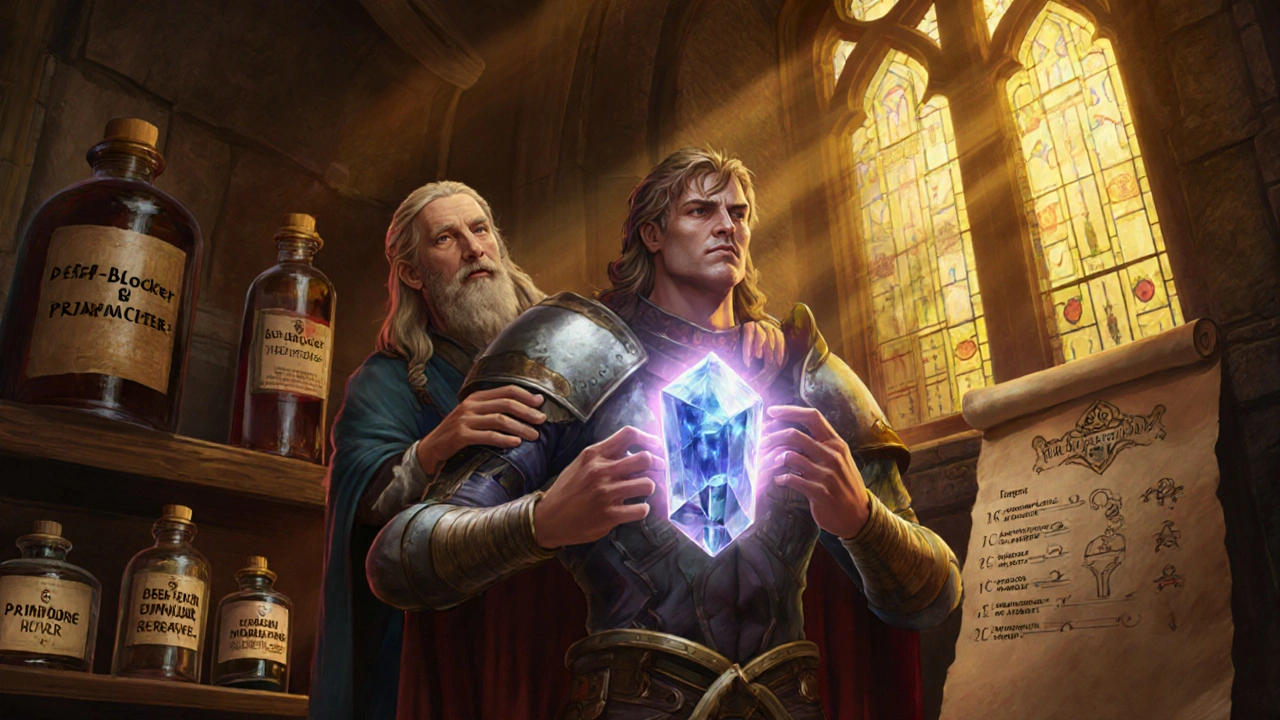 Hero receives a crystal implant while healer displays potions and exercise scrolls.