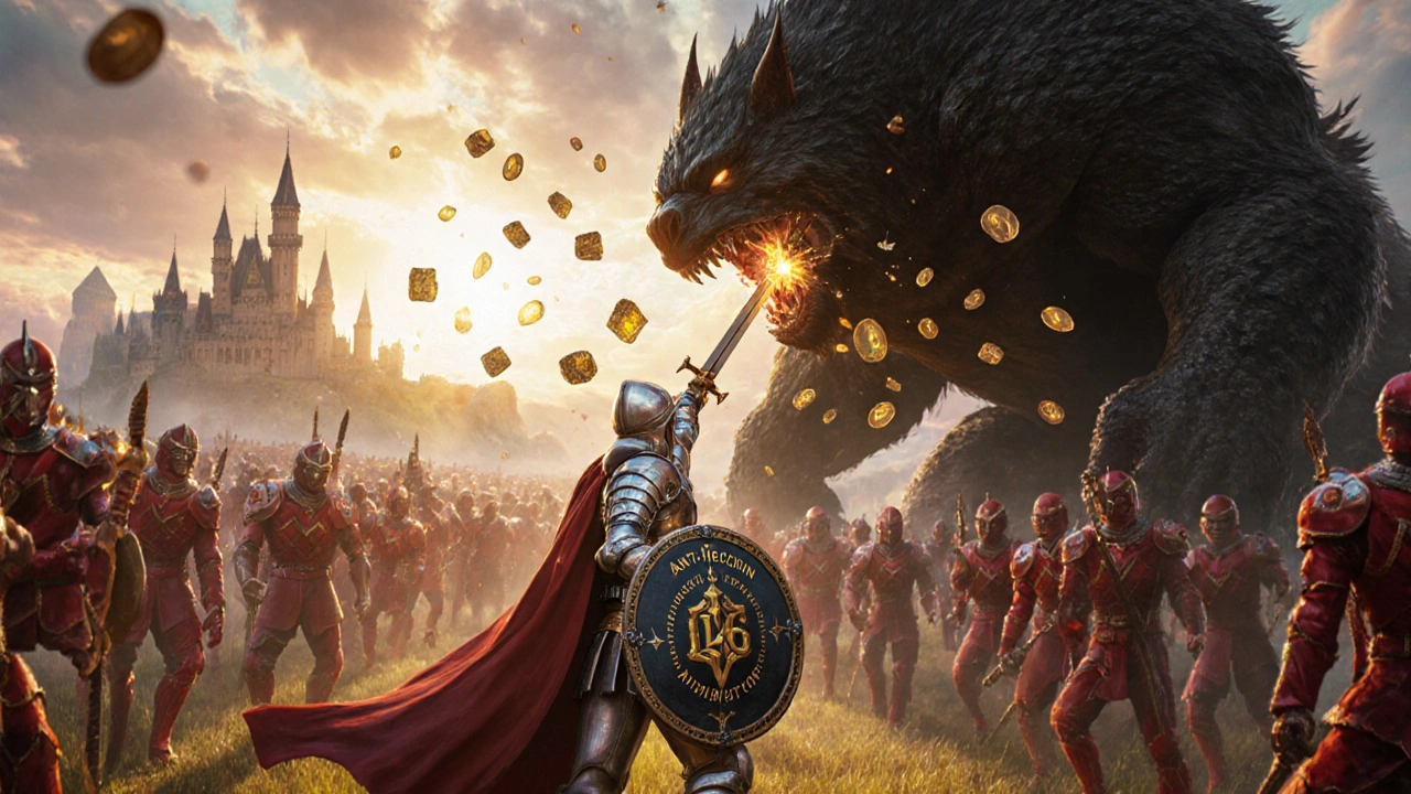Heroic healer using anti‑hepcidin sword and IL‑6 shield to defeat tumor‑anemia beast.