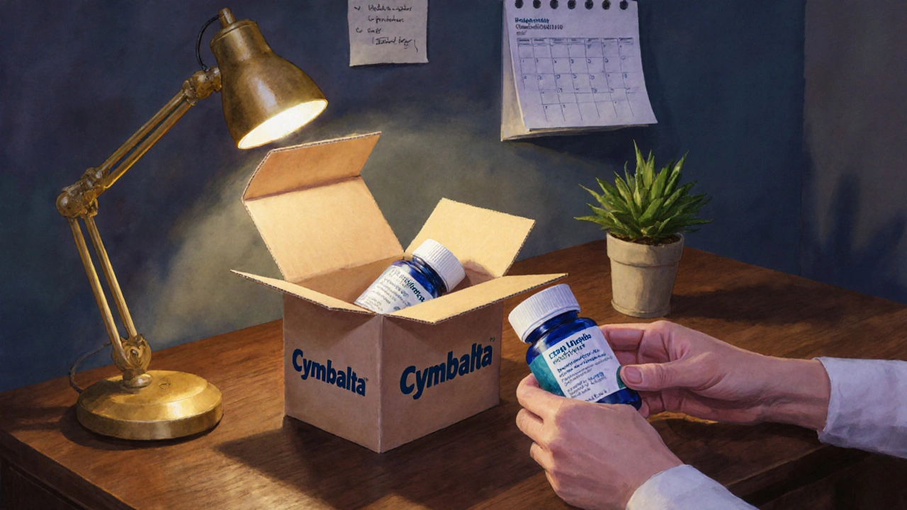 Home desk with a delivered box opened to reveal a generic Cymbalta bottle being inspected.