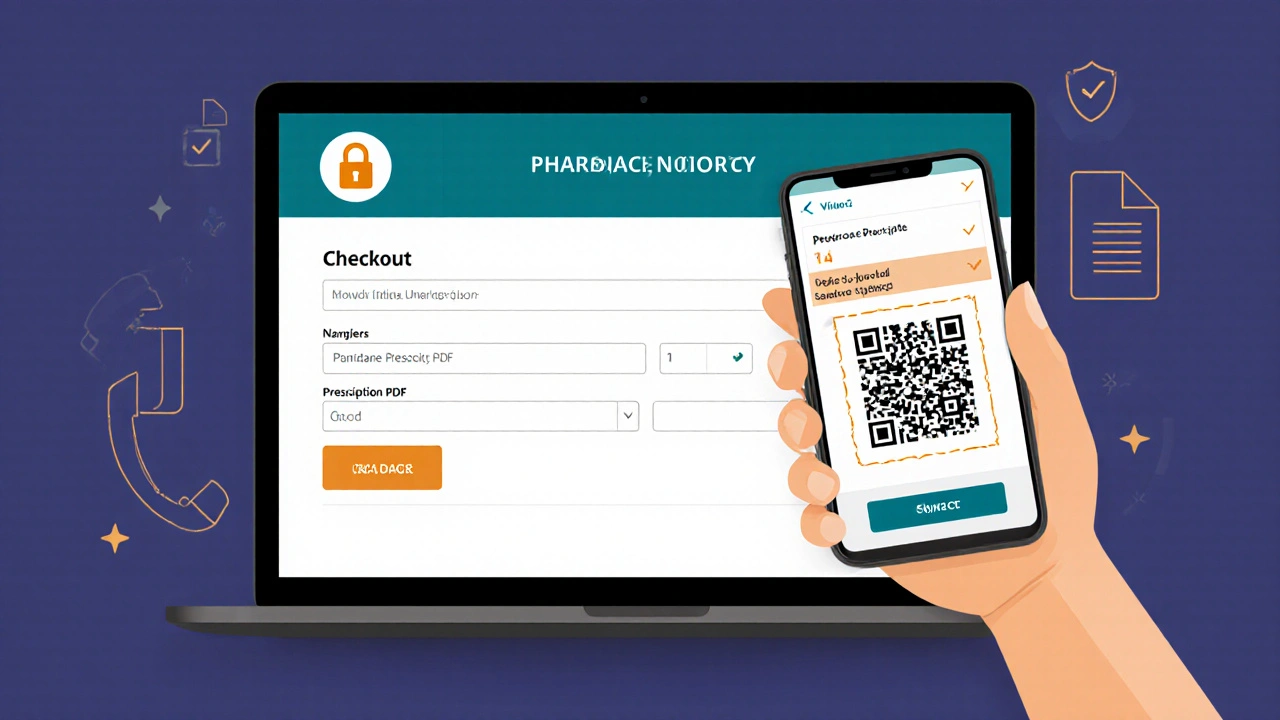 Laptop screen displaying a secure pharmacy checkout with license info and prescription upload.