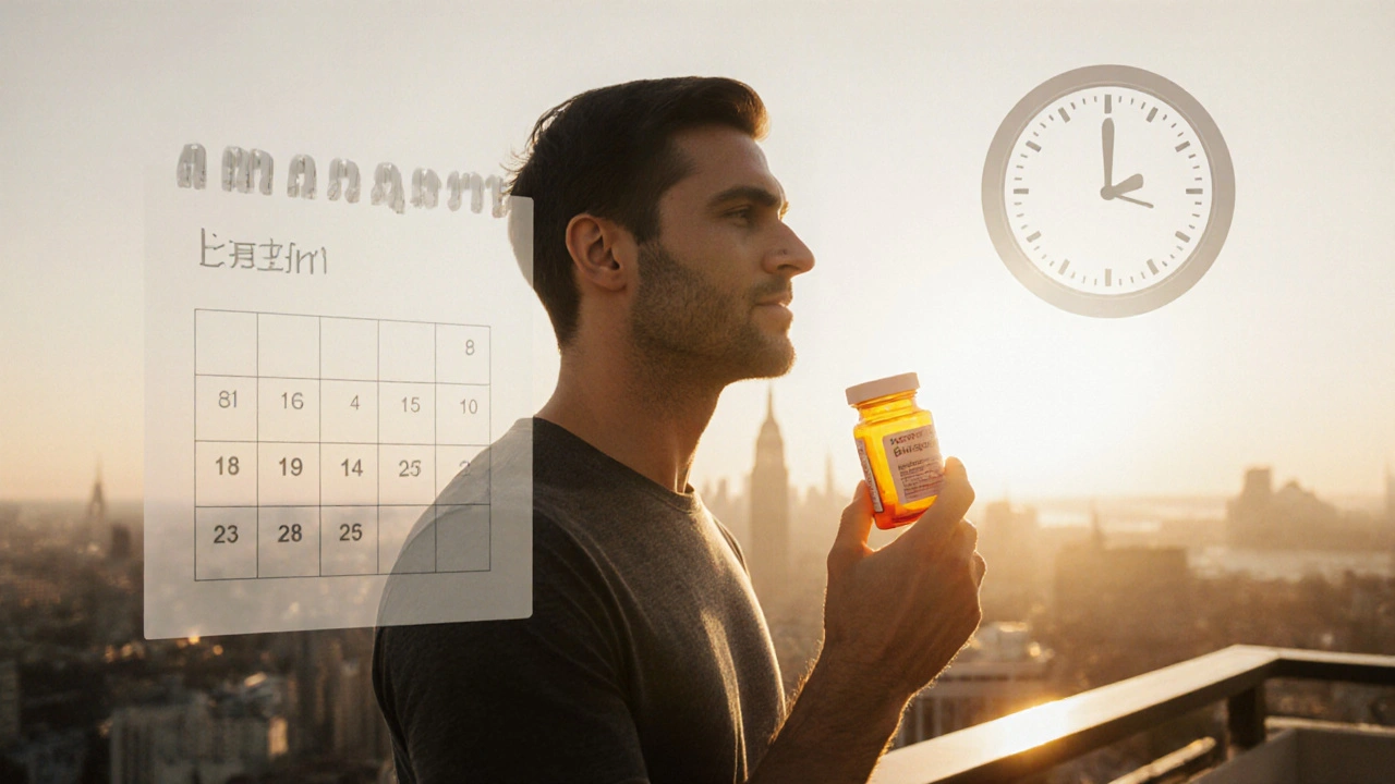 Man on a balcony at sunrise holding a prescription bottle, with faded clock and calendar overlays.