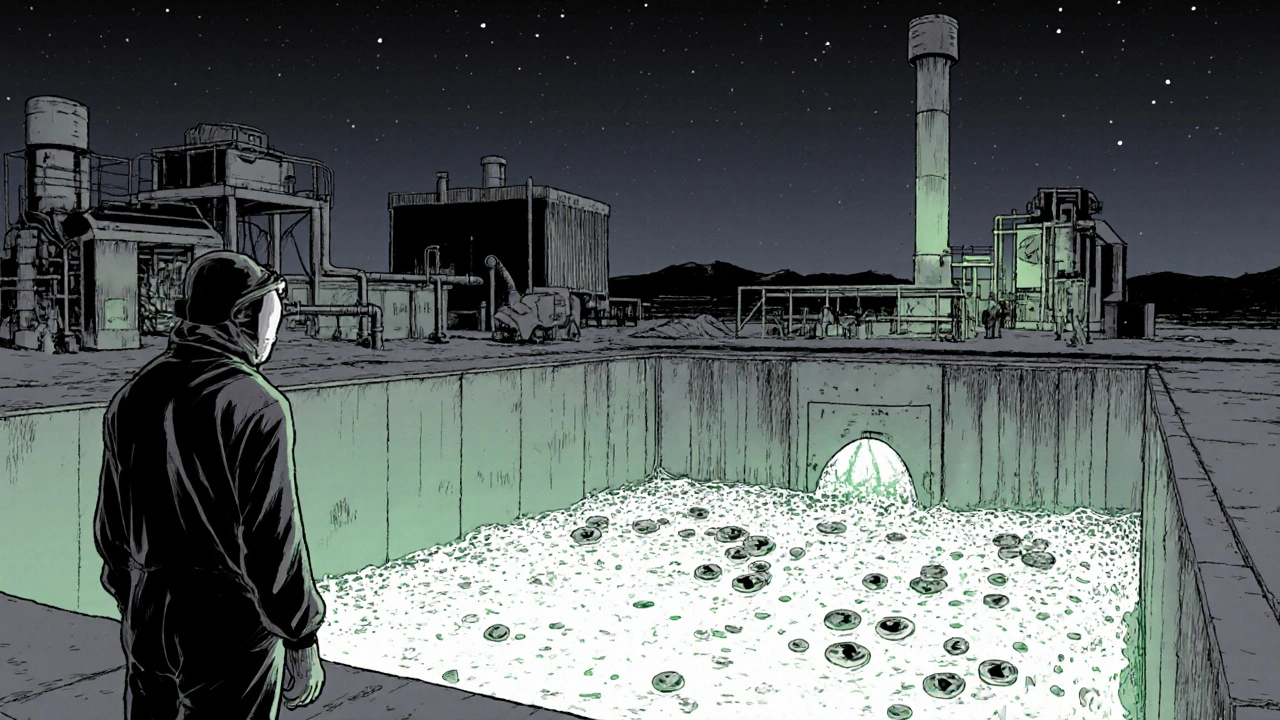 Nevada plant at night with cleaner water, reduced sludge, and technician monitoring, Junji Ito style.