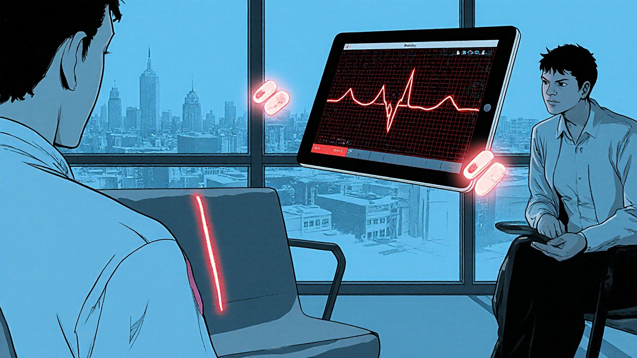 Patient with digital ECG patch monitors QTc on a holographic screen, red spikes indicating danger.