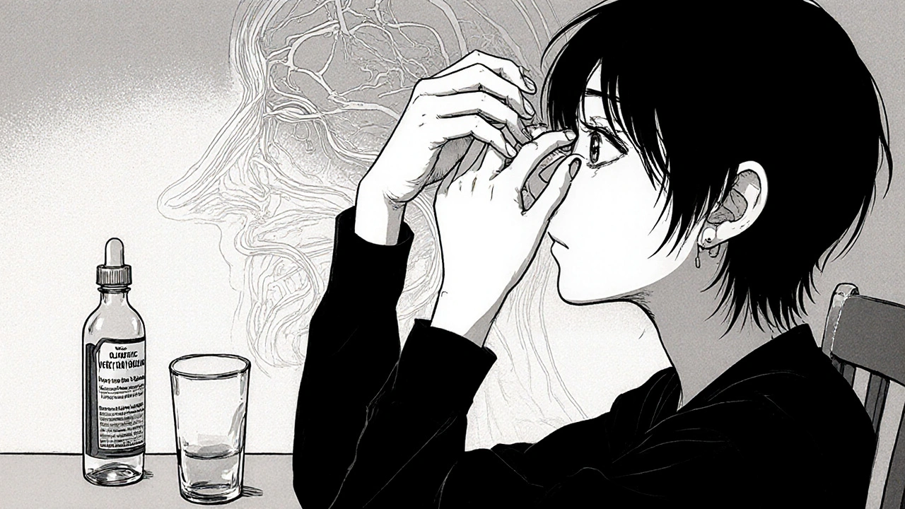 Person applying Olopatadine correctly with water and tears nearby, depicted in manga style.
