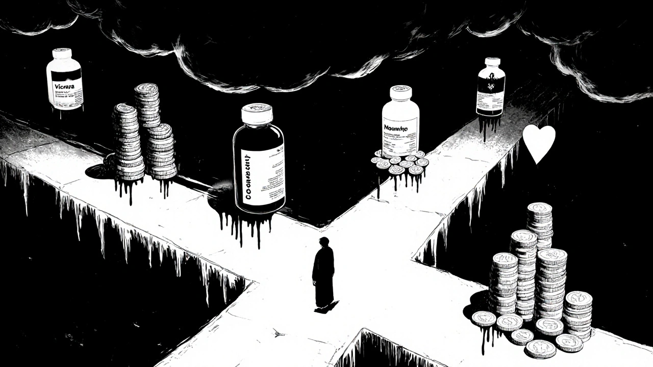 Person at a crossroads chooses GLP‑1 drugs, with looming cost and heart‑benefit imagery.