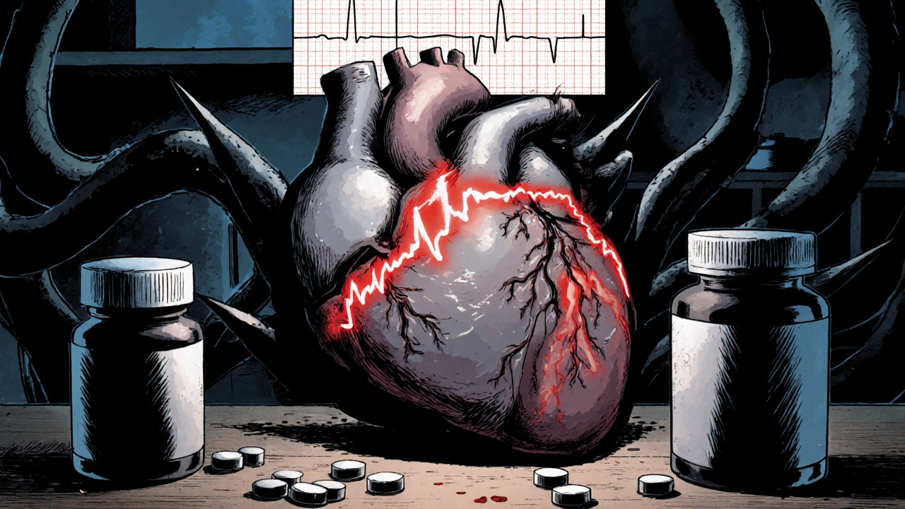 Pills transform into black tendrils merging with a heart model showing an exaggerated red QT wave.