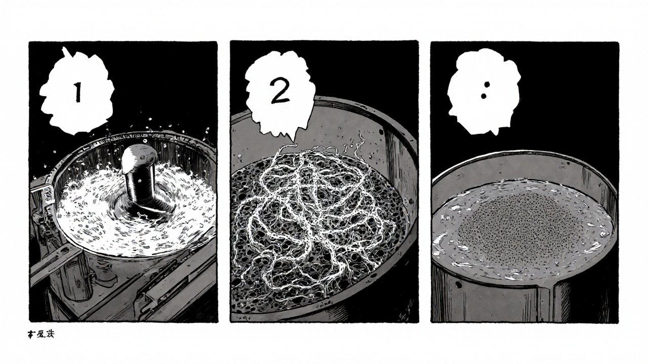 Rapid‑mix, flocculation, and clarifier tanks showing impellers and forming Al(OH)3 flocs, Junji Ito style.