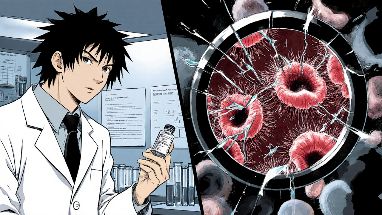 Researcher holding Miconazole vial while magnified Candida cells break apart.