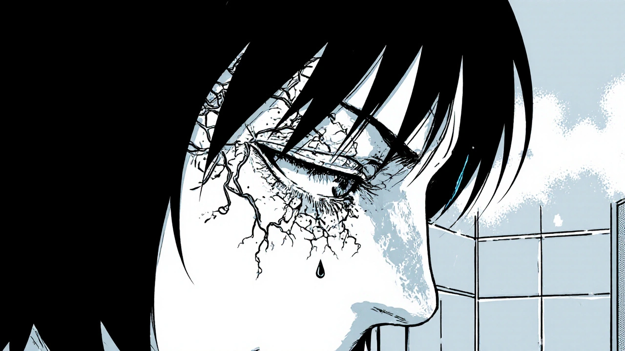 Side view of a person with expanding sinus vessels and dry eye strain, in Junji Ito style.