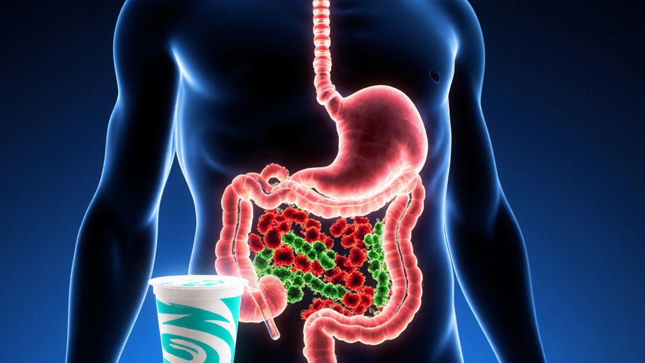Silhouette torso with gut bacteria, cefaclor capsules and probiotic yogurt calming flora.