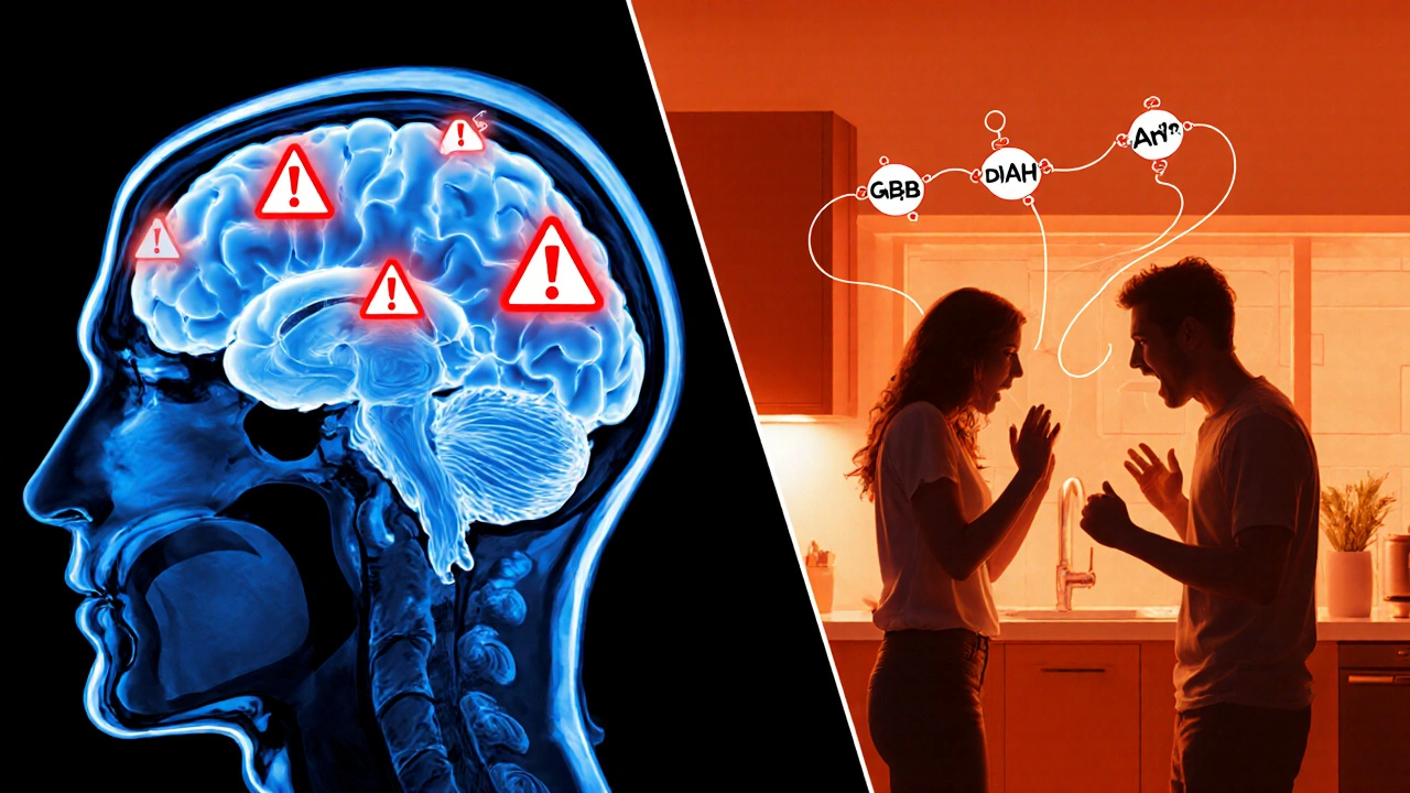 Split illustration of brain scan and arguing couple showing neuro‑disinhibition.