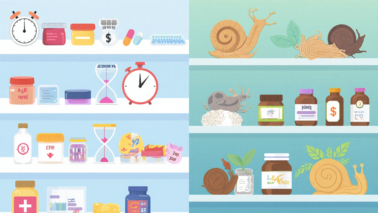 Split‑screen illustration comparing prescription pills with herbal supplements using icons.