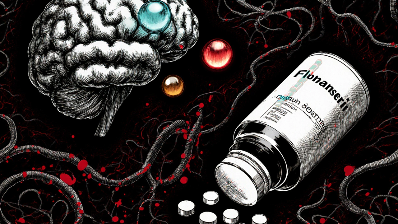 Surreal brain illustration with glowing neurotransmitter orbs and a floating Flibanserin pill bottle.