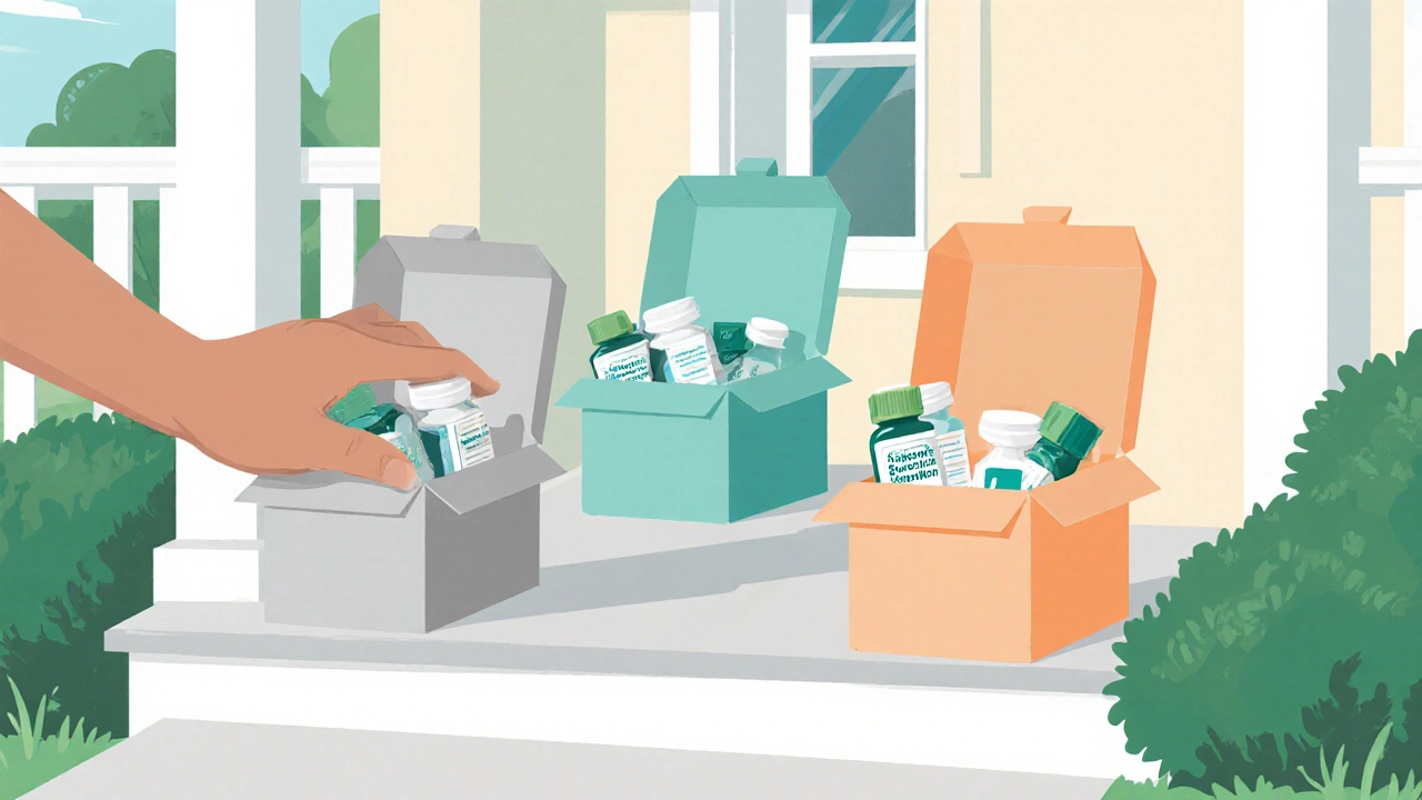Three discreet delivery boxes on a porch with pill bottles visible, hand reaching to pick them up.