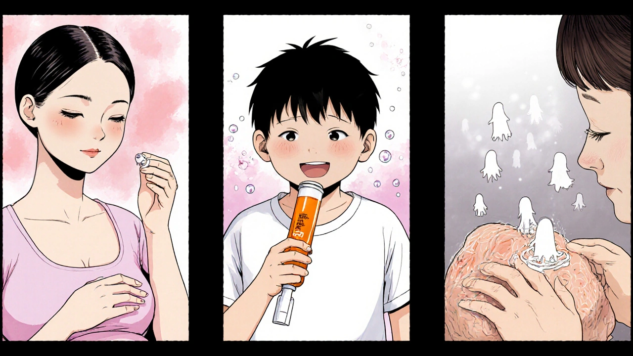 Three panels showing pregnant woman, child, and elderly using Miconazole products.
