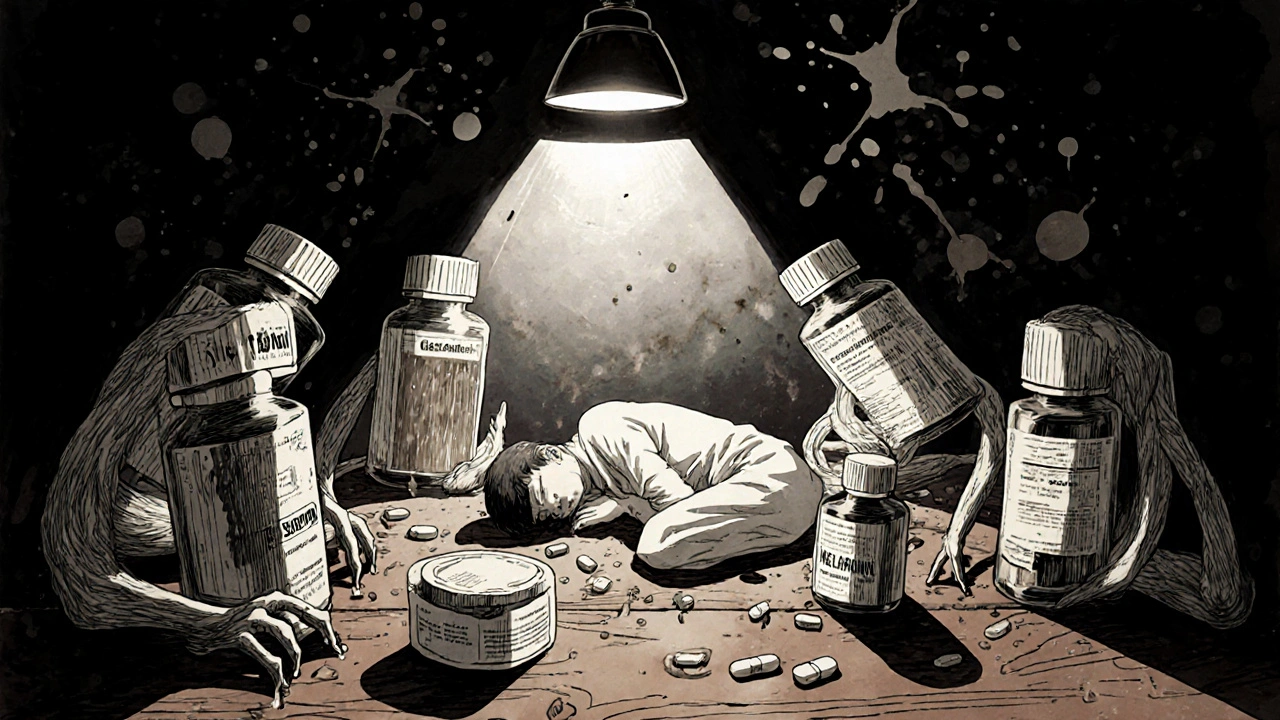 Various sleep aid pills personified as eerie characters gathered around a sleeping person.