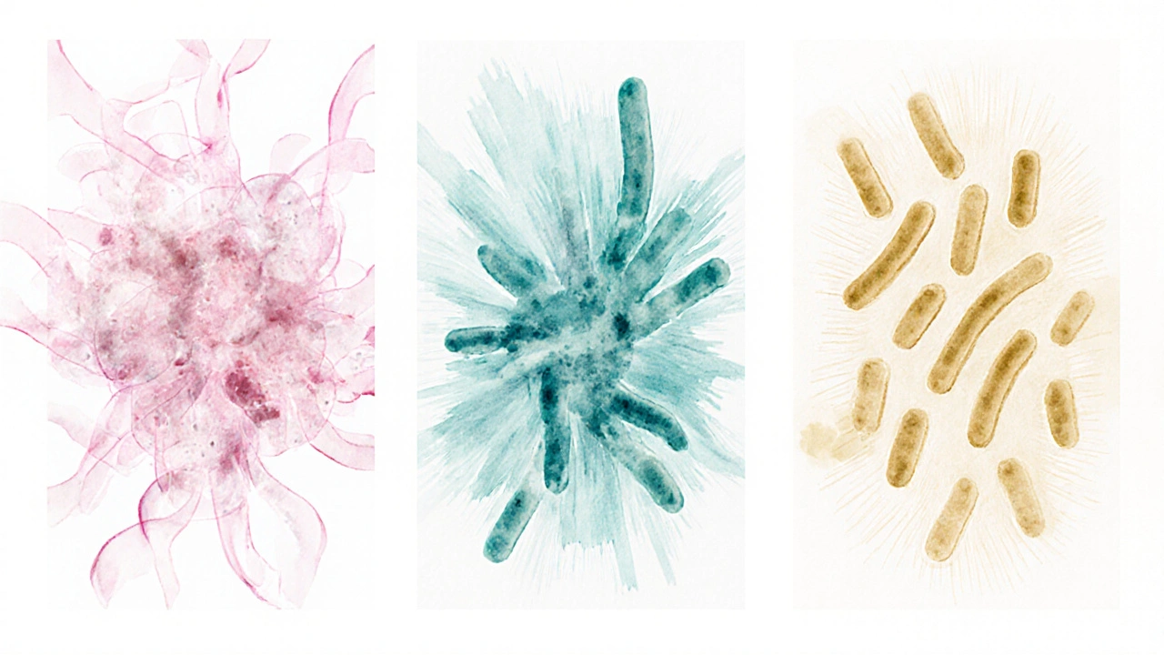 Watercolor panels show cefaclor, cefuroxime, and azithromycin targeting different bacteria.