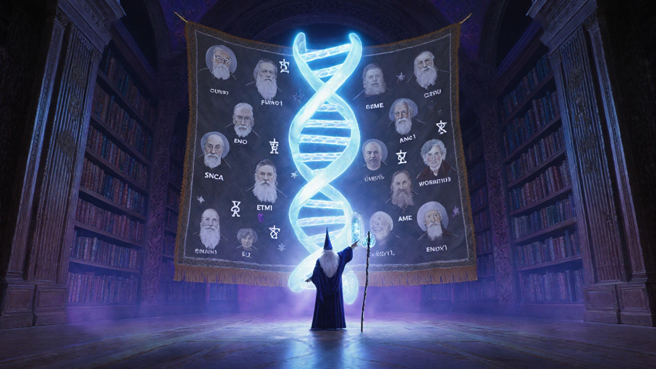 Wizard shows a family tapestry turning into a glowing DNA helix.