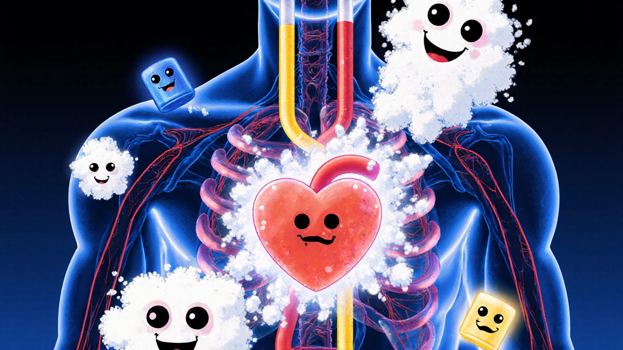 A dissected human body with glowing drug-filled veins, excipient particles forming smiling faces around the heart.
