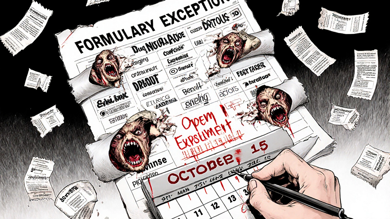 A floating medical chart peeling into screaming drug names, dripping blood onto a calendar marked for Open Enrollment.