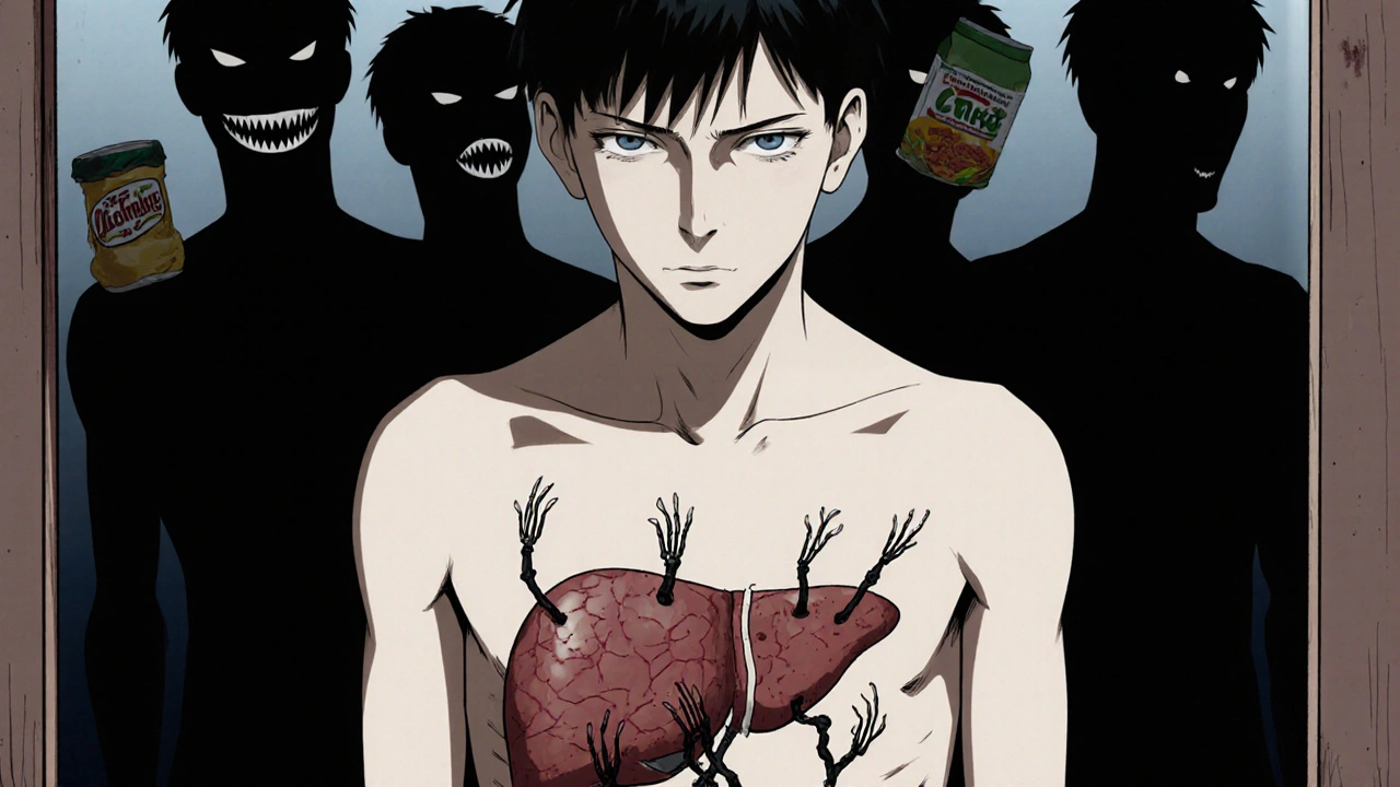 A man sees his internal liver as a clawing horror in the mirror, surrounded by food shadows.