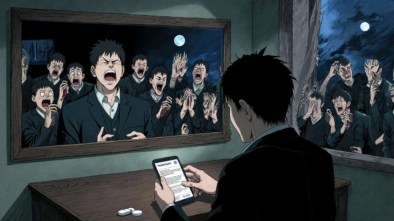 A man stares at his phone as his mirror reflection shows screaming versions of himself holding all ED pills.