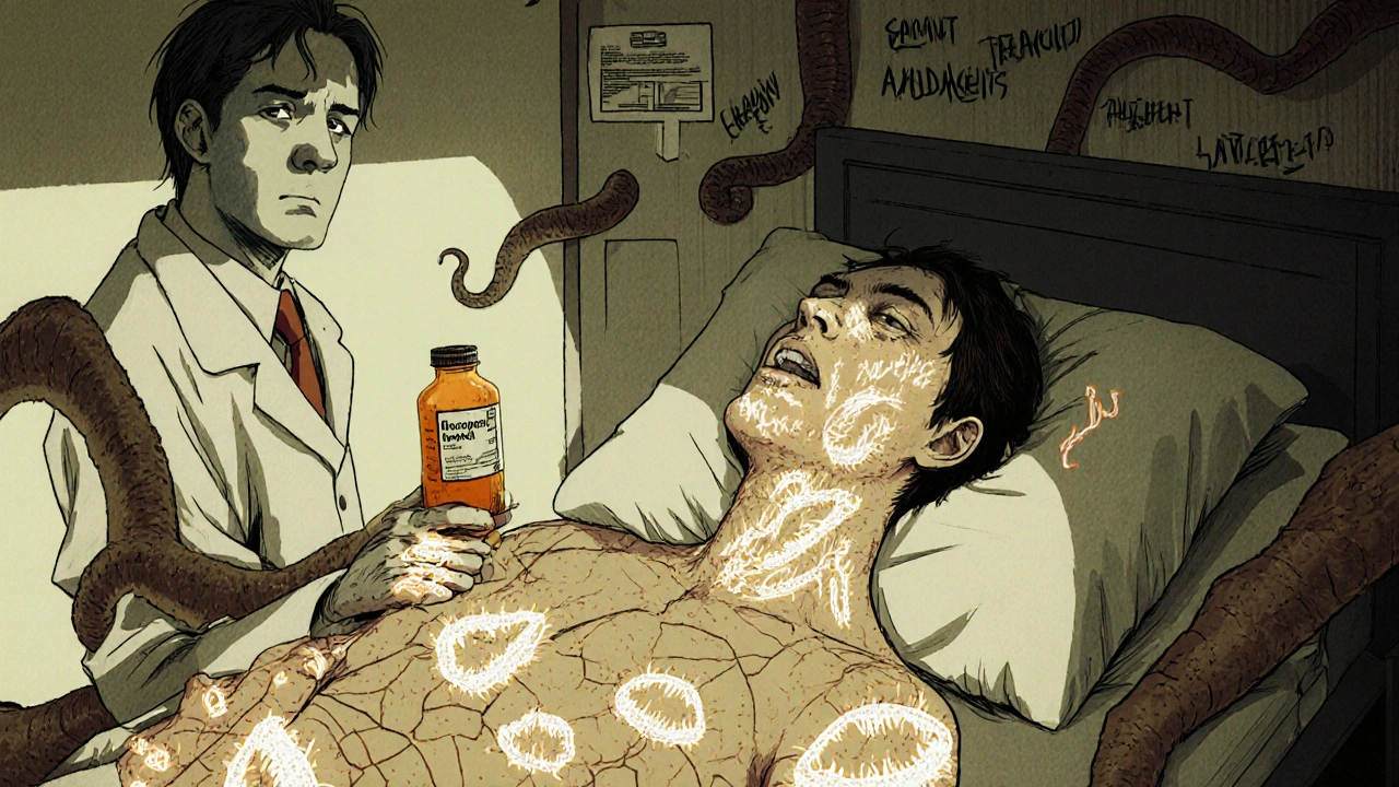 A patient&#039;s skin cracking to reveal fungal filaments, with drug interactions as serpentine shadows.