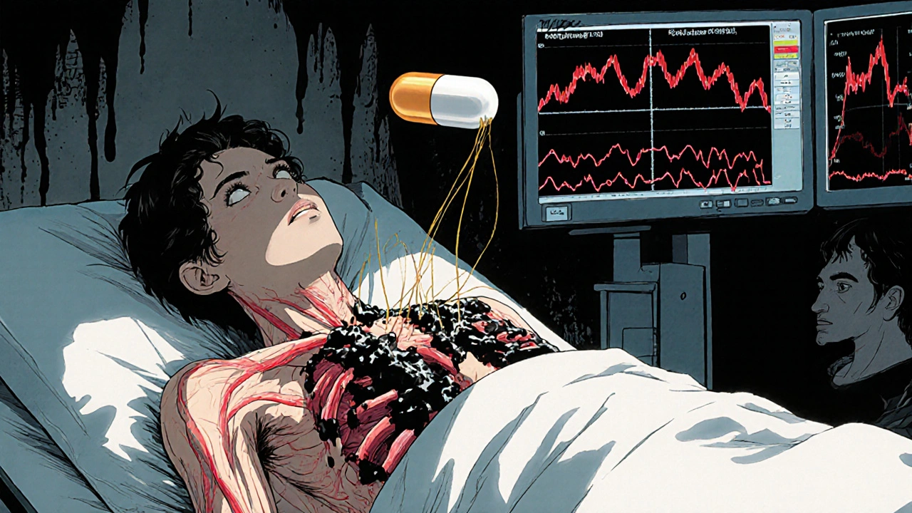 A patient&#039;s translucent body reveals clogged arteries being cleaned by a floating capsule, with haunting shadows around them.