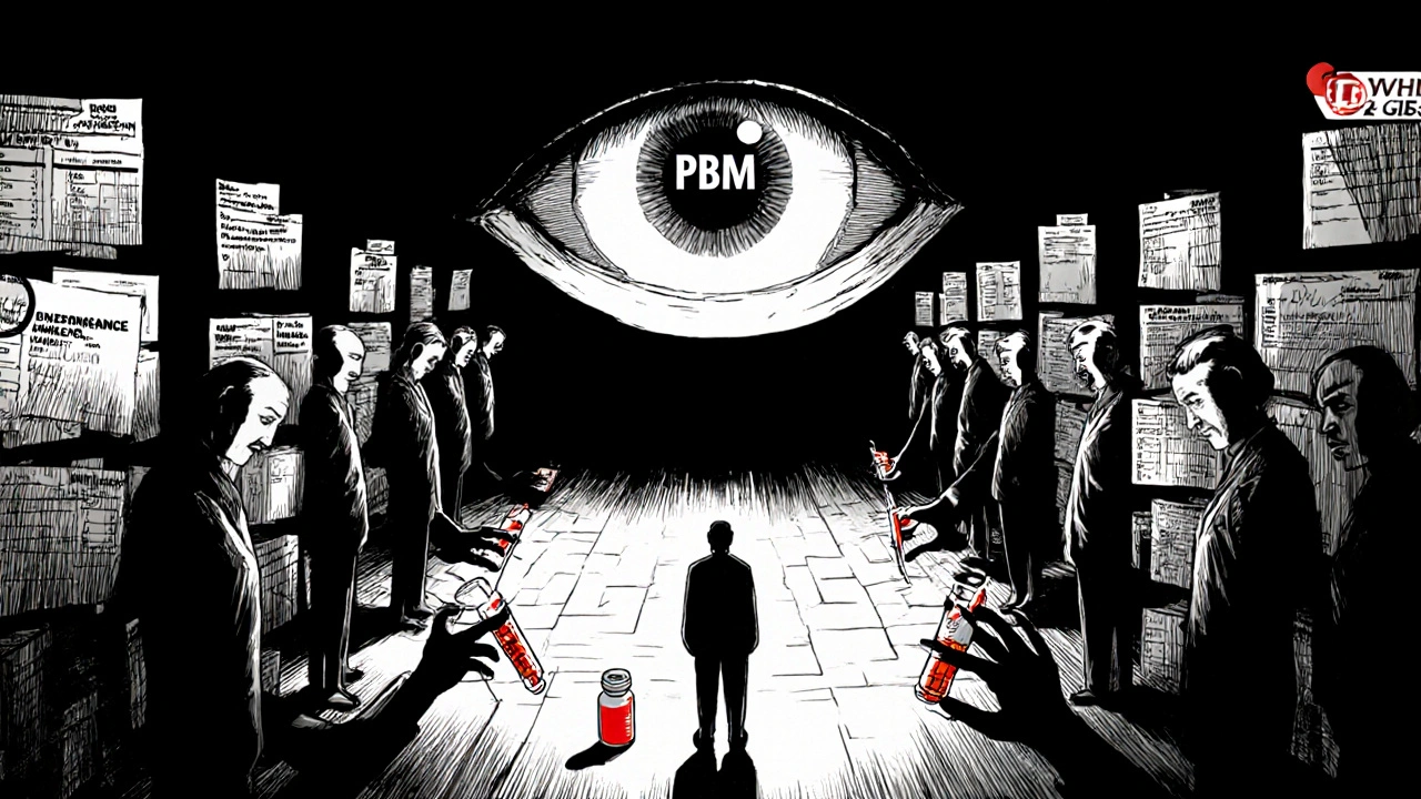 A patient lost in a maze of insurance forms, watched by a giant eye labeled PBM, with syringes reaching from the shadows.