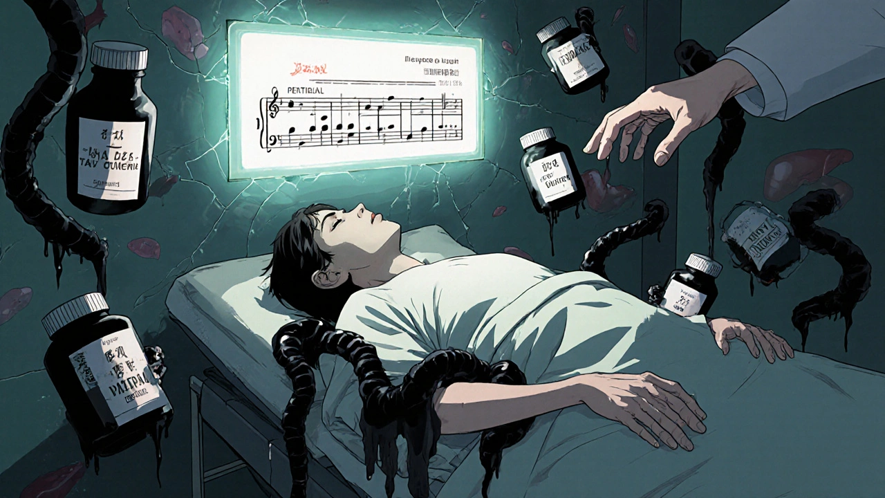 A patient surrounded by oozing medication bottles forming tentacles, with a cracking Child-Pugh score above.