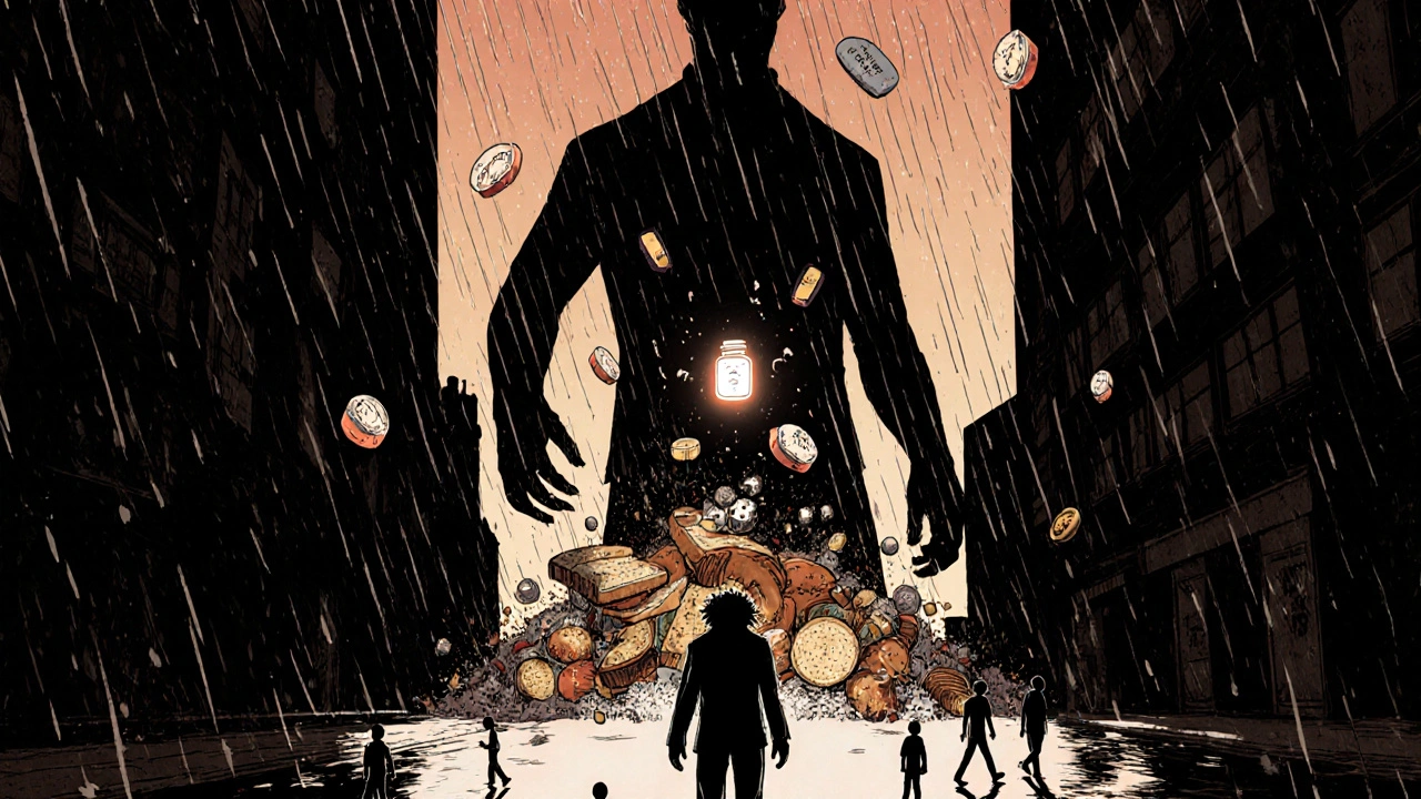 A person walks as their shadow transforms into a monster of food, while a glowing bupropion pill shines ahead in a surreal, rain-drenched city.